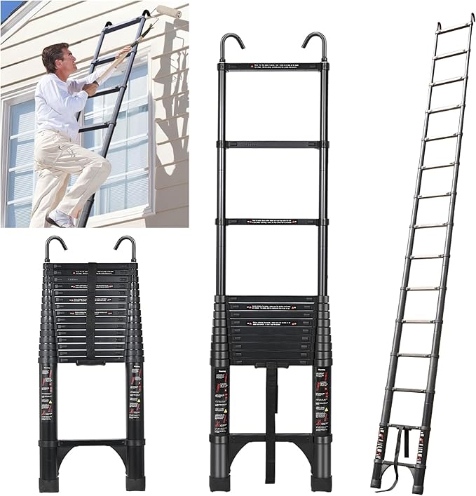 JADDUO 20.3 FT Telescopic Ladder, Aluminium Black Telescoping Ladder with Non-Slip Feet and Stable Hook, Portable Extension Ladder for Household and Outdoor Working, Heavy Duty 330 lbs Max Capacity
