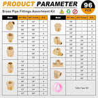 KOOTANS 96PCS Brass Pipe Fittings Assortment Kit - NPT Adapter, Reducer Bushing, Hex Nipple, Coupling, Head Plug, 45 & 90 Degree Barstock Street Elbow, Tee Fittings Kit