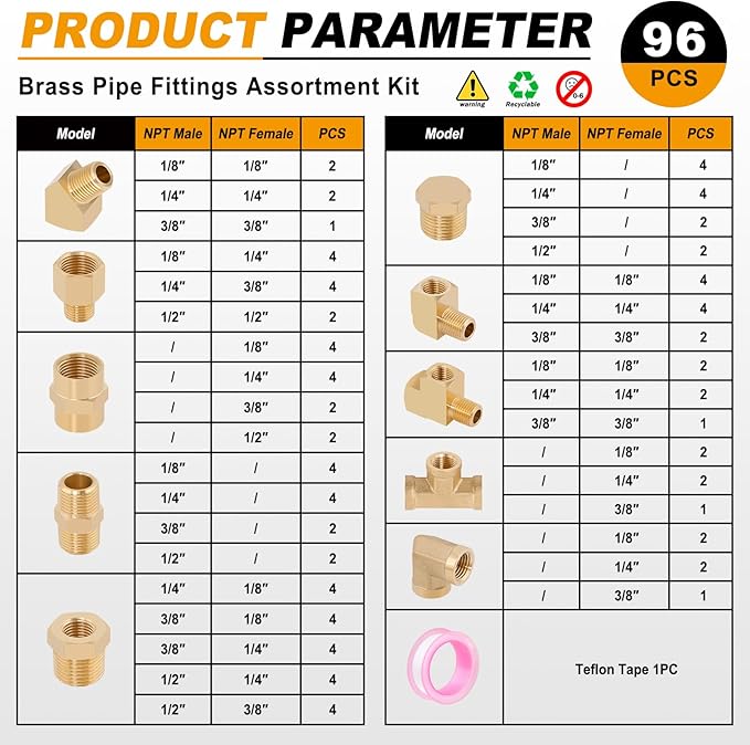 KOOTANS 96PCS Brass Pipe Fittings Assortment Kit - NPT Adapter, Reducer Bushing, Hex Nipple, Coupling, Head Plug, 45 & 90 Degree Barstock Street Elbow, Tee Fittings Kit