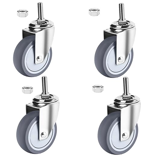 Stainless Steel Caster Wheels 4 inch, 3/8"-16x1 Threaded Stem Casters Set of 4, Non-Marking Slient TPR Rubber Wheels for Furnitures,Restaurants,Labs,Hospital