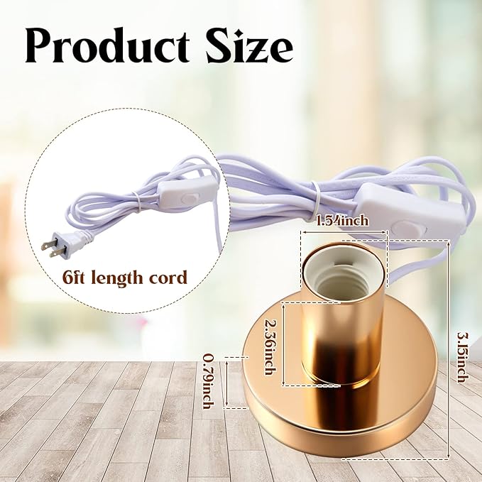 Tuanse 2 Pcs Polished Metal Desktop Lamp Base E26 E27 Screw Light Bulb Holder Sockets Night Light Base Lamp Replacement for Holding Bulb 6 Feet Cord on Off Switch Plug(Gold)