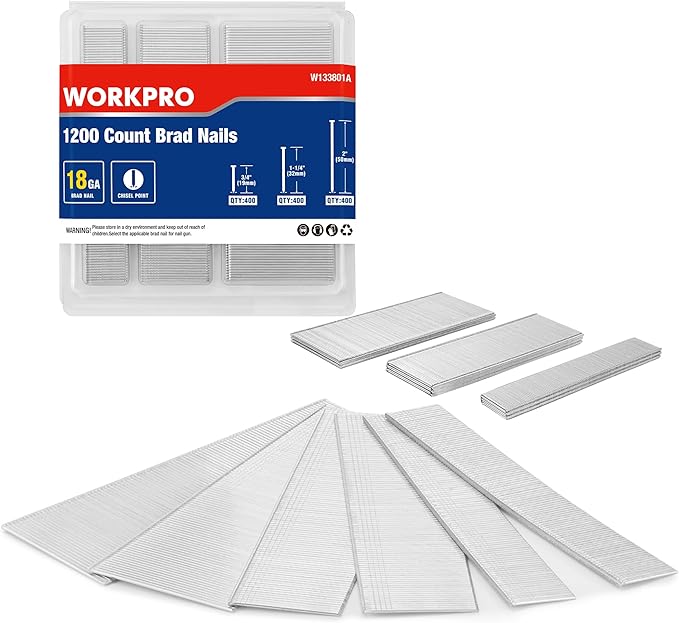 WORKPRO 1200 Count 18 Gauge Brad Nails, (3/4,1-1/4＂,2＂), Universal Brad Nail Gun Nails for Pneumatic & Electric Brad Nailers