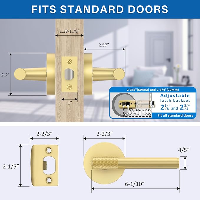 Amerdeco 1 Pack Brushed Gold Door Handles Interior, Knurled Passage Door Handles,Gold Door Lever for Bedroom or Bathroom,Reversible Keyless for Left Right Handed Doors AM0027