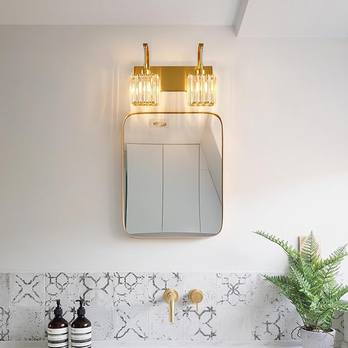 Crystal Vanity Lights 2-Light Gold Wall Lamp Modern Crystal Bathroom Light Fixtures Over Mirror 13.77" Long Bathroom Wall Sconce