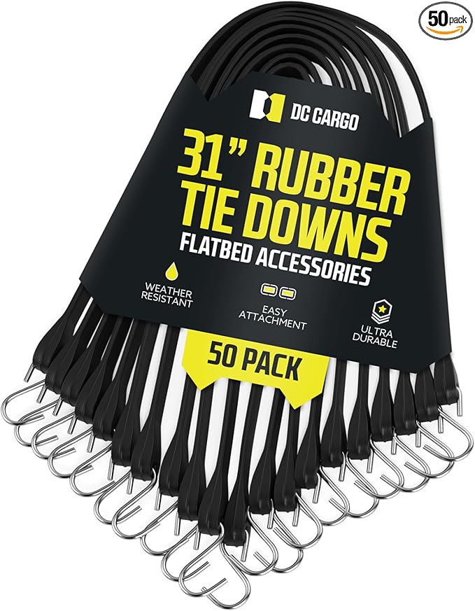 Pack of 50 Tarp Straps, 31" Long Natural Rubber Bungee Cord Tie-Downs Ideal for Securing Tarps, Canvases, Cargo in Cold Climates. Trailer Tie-Downs w/ Metal S-Hooks, by DC Cargo Mall.