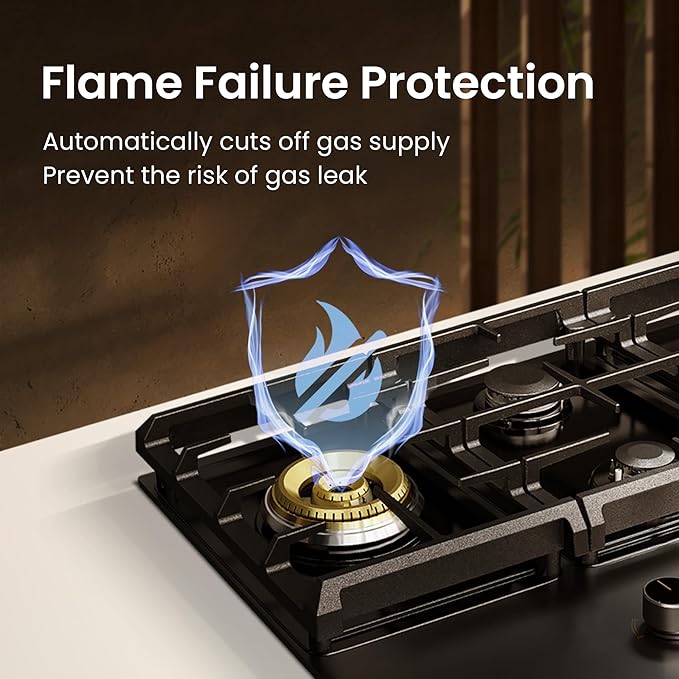 FOTILE GLG30401 30” Black Tempered Glass 4-Burner Gas Cooktop, Tri-Ring 18,000 BTUs Left Burner with Flame Failure Protection Removable Grates and Installation/LP Kit