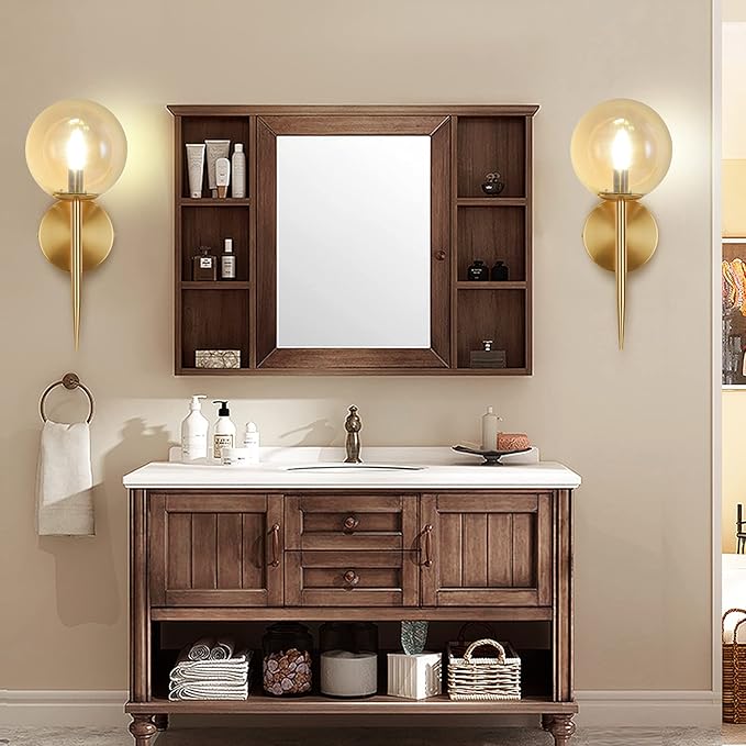 SeeU Gold Wall Sconces Mid Century Style Set of 2,Brass Wall Lamp Fixture,Vanity Light Fixture Wall Lamp with Amber Globe