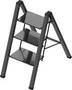 3 Step Ladder, Portable Step Ladder Folding, Lightweight Step Ladder with Anti-Slip Pedal, Aluminum Indoor and Closet, Kitchen, 330lbs - Black