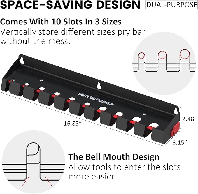 UNITEDPOWER Pry Bar Holder, Lockable Wall Mount Storage Rack Organizer for Workshop, Shed, Garage, Home, Stores up to 10 13 Tools or Extensions