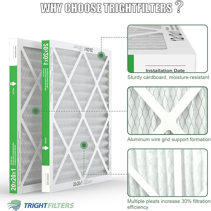 20x20x1 Air Filter 2 Pack, Durable MERV 8 Pleated Home HVAC AC Furnace Filters, Lightweight Compact Air Conditioner Filter Replacement