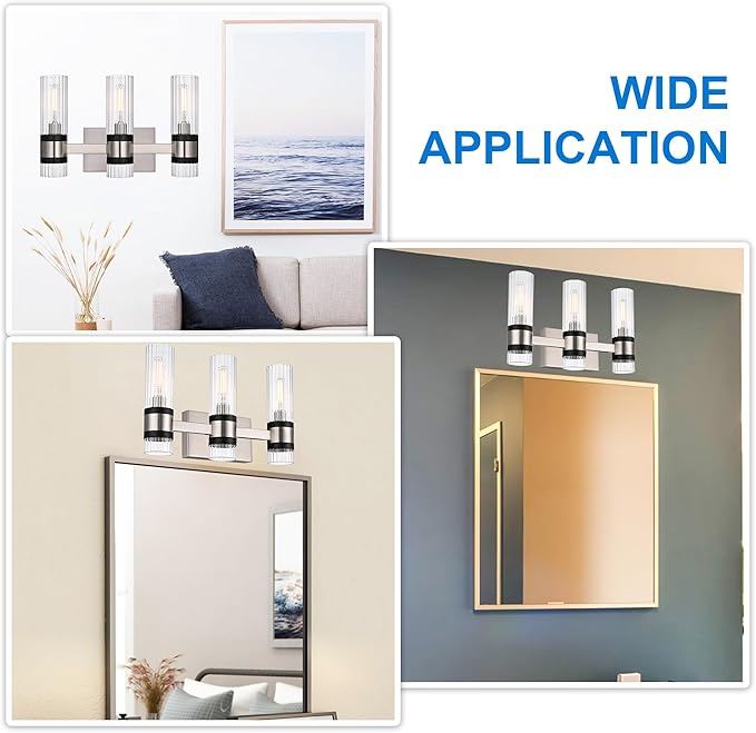 MELUCEE 3-Light Bathroom Light Fixtures Brushed Nickel, Farmhouse Vanity Lighting with Ribbed Clear Glass Shade Bathroom Bar Light Fixtures for Kitchen Bedroom Hallway, E12 Base