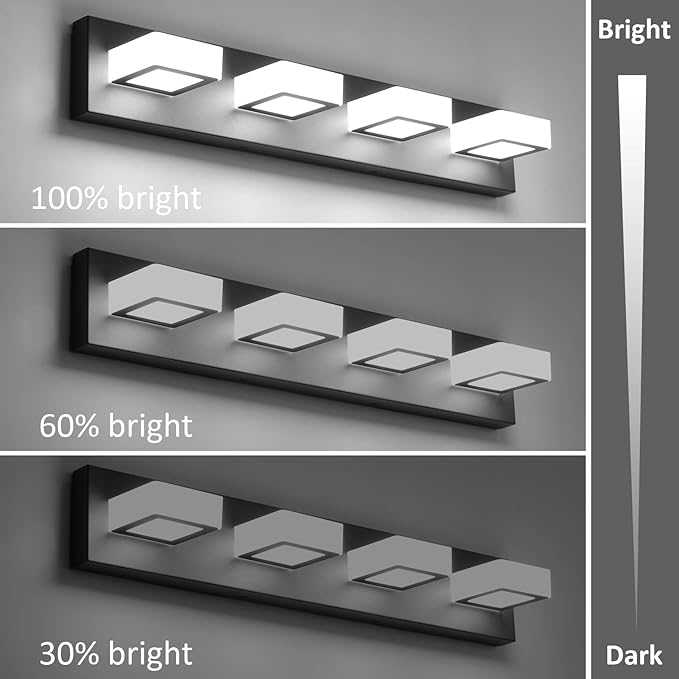 Ralbay Black Vanity Light Dimmable 4 Lights LED Modern Bathroom Vanity Lighting Fixtures Modern Stainless Steel Acrylic Rotable 360° Vanity Wall Light Over Mirror
