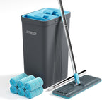 JOYMOOP Mop and Bucket Set with Wringer, Mops for Floor Cleaning, Wall Mop Cleaner with Long Handle, with 6 Reusable Microfiber Mop Pads - Grey+Cyan Blue
