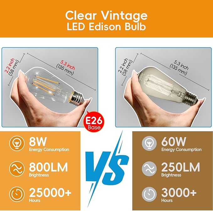 Jensense Edison LED Light Bulbs 8Watt Dimmable, 2700K Warm White, E26 Base, 60watt Equivalent, Vintage Bulbs 800lm CRI 90 Clear Glass, 48 Pack