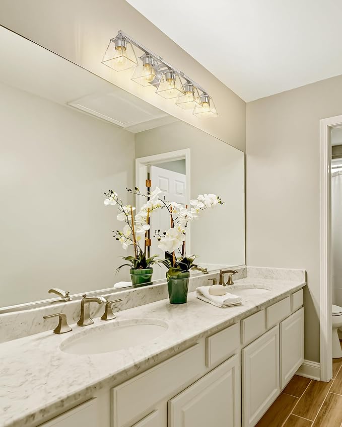 Bathroom Vanity Light 5-Light, HWH Bathroom Lighting Fixtures Over Mirror Brushed Nickel, Modern Vanity Wall Lamp with Square Bell Glass Shade, 5HY68B-5W BN