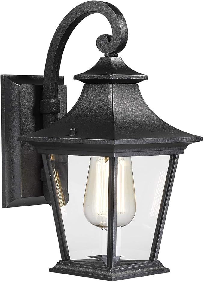 Emliviar Outdoor Porch Light, Modern Outside Wall Light Fixture for House Garage, Clear Glass in Black Finish, 12" Height, XE219B BK