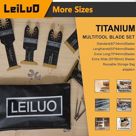 LEILUO 20 Pcs Titanium Multitool Blades Kit Extra-Long & Wide Oscillating Saw Blades with Storage Bag Universal Oscillating Tool Accessories for Wood Nails Drywall Fits DeWalt Makita and More