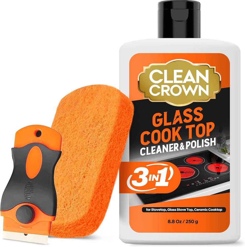 3-in-1 Cooktop Cleaner Kit (8.8 Oz Cooktop Cleaner + Scrubbing Pad + Scraper), Stovetop Cleaner for Electric Top Stoves, Ceramic Cooktops & Fireplace Glass, Remove Burned on Food, Grease