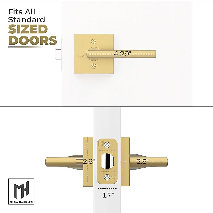 Mega Handles Prime Privacy Lever Door Handle for Hallway, Closet and Bathroom, Keyless Design Door Levers, Fits All Standard Door Sizes, Exposed Screws Included - Satin Brass (1 Pack), 4.29"