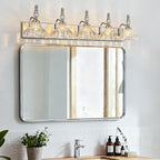 Vintage Bathroom Vanity Light, 5-Light Brushed Nickel Vanity Lighting Fixture with Flower Glass Shade, Bathroom Lighting Fixtures Over Mirror