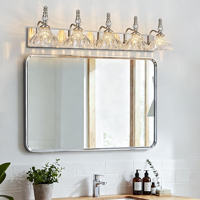 Vintage Bathroom Vanity Light, 5-Light Brushed Nickel Vanity Lighting Fixture with Flower Glass Shade, Bathroom Lighting Fixtures Over Mirror