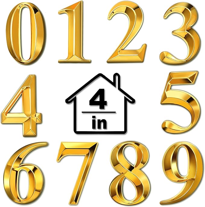 Jetec 10 Pcs House Numbers 3D Door Mailbox Numbers 0-9 Self Adhesive House Door Street Address Stickers for, Apartment, Office, Hotel Room, Mailbox Signs(4 x 2.5 Inches,Gold)