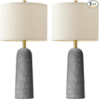 BOBOMOMO 27.25" Travertine Lamp Set of 2, Modern Lamps for Living Room with Linen Shades, Gray Resin Table Lamp with Natural Stone Look, Nightstand Lamp for Bedroom, Living Room, Entryway