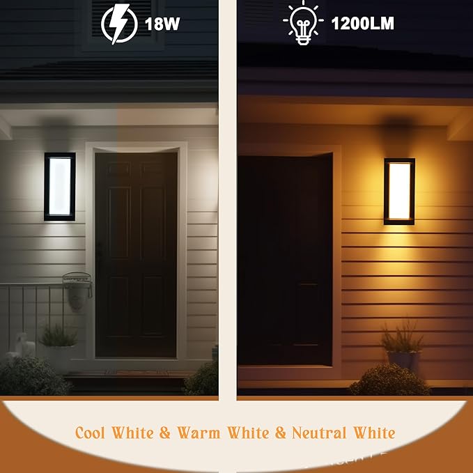 Outdoor Porch Lights 3000K 40000K 5000K 3 Colors Selectable, LED Outdoor Light Fixtures Wall Mount 2 Pack, Super Bright 1500lm Aluminum Exterior Lighting Fixtures for Outside House Front Door