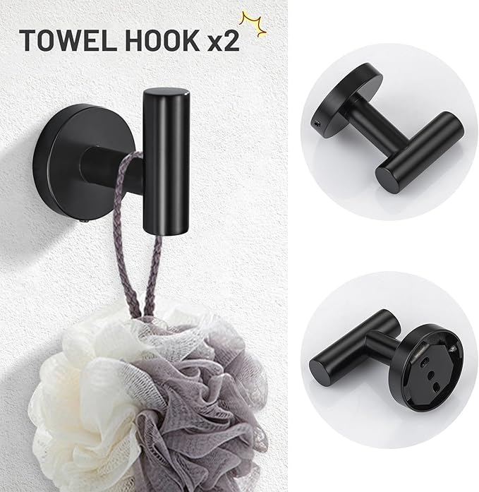 TURS Matte Black 5 Piece Bathroom Hardware Set, SUS304 Stainless Steel Bath Towel Bar Set, 24 Inch Round Bathroom Accessories Kit Wall Mounted