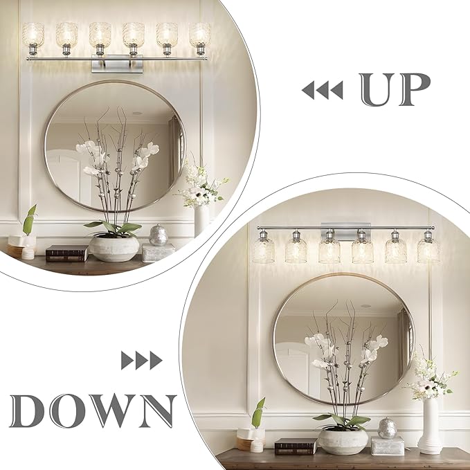 zeyu 6-Light Bathroom Wall Light Fixture, 42 Inch Modern Nickel Vanity Lighting Fixtures for Bedroom, Brushed Nickel Finish with Clear Hammered Glass, ZJF63B-6W BN