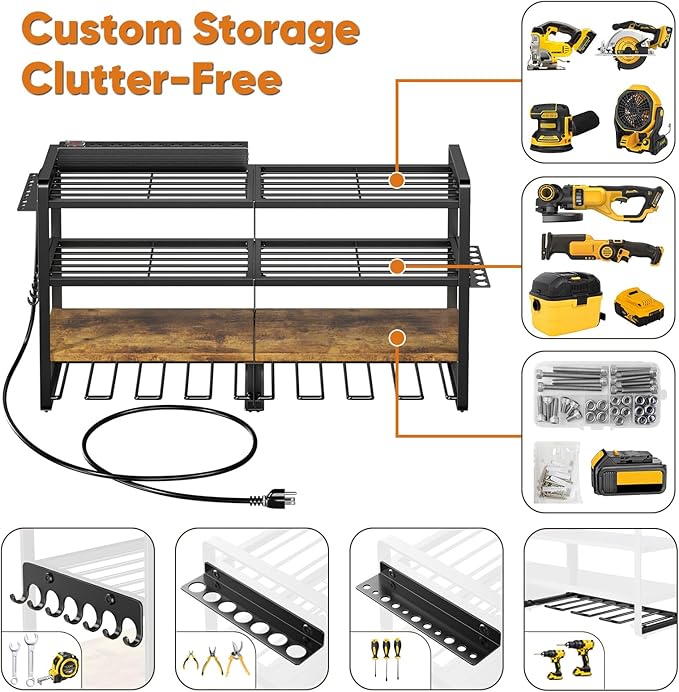 33" W Large Power Tool Organizer with Charging Station, 4-Layer Heavy Duty Utility Rack Loads 400lbs, Holds 8 Cordless Drills, Wall Mount Tool Shelf with 8-Outlet Power Strip, Gift for Men