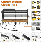33" W Large Power Tool Organizer with Charging Station, 4-Layer Heavy Duty Utility Rack Loads 400lbs, Holds 8 Cordless Drills, Wall Mount Tool Shelf with 8-Outlet Power Strip, Gift for Men