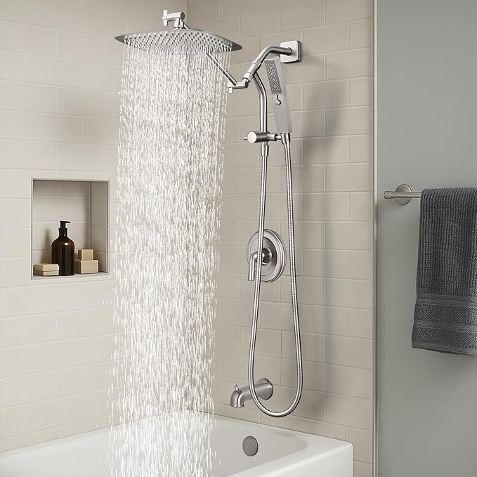 G-Promise All Metal 10 Inch Shower Head with Massage Mode Handheld, Rain Shower Head with Handheld Spray Combo, 3-Way Diverter with Pause Setting, 11 Inch Adjustable Extension Arm (Brushed Nickel)