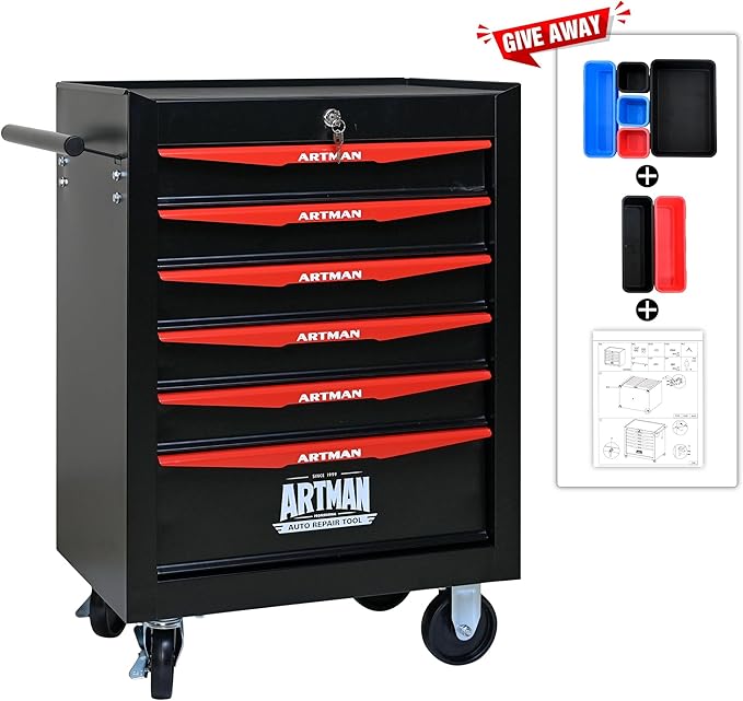 6-Drawer Steel Rolling Tool Cart with Wheels & Handle, Heavy-Duty Tool Chest Storage Cabinet for Garage and Workshop