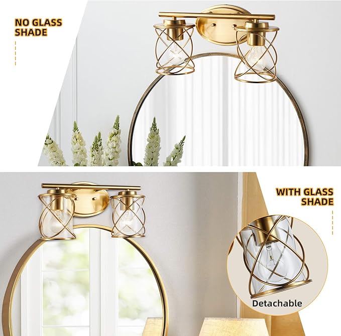 Mavcadonf Modern Vanity Lights with Cage Shade, 2 Lights Over Mirror, Brushed Gold Vanity Light for Bathroom, Kitchen, Bedroom