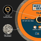 7" Continuous Rim Diamond Blade, Cutting Blade for Ceramic and Granite Tiles, Wet Cutting Blade with 7/8" Arbor Hole (3 Pack)