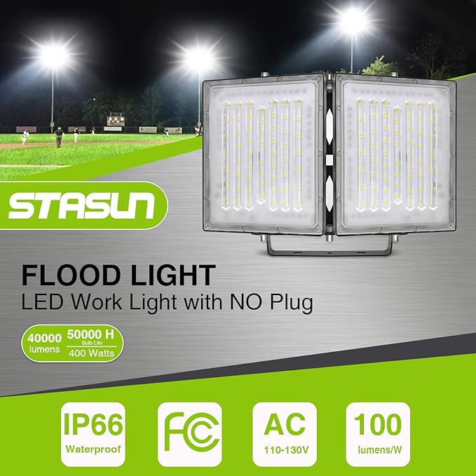 STASUN 2 Pack 400W LED Flood Lights, Mini Series Exterior Floodlights, 40000LM 6000K Daylight White IP66 Waterproof, Muti Angle Outdoor Security Lighting for Backyard, Stadium, Parking Lot, Court