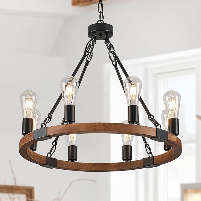 Farmhouse Wooden Wagon Wheel Chandelier 8 Lights 23.6'' Rustic Black Metal Light Fixtures Vintage Wood Round Chandelier for Living Dining Room Kitchen Entryway Foyer