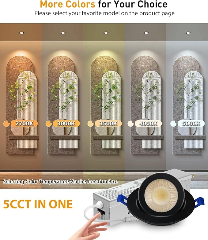 Adetu 2 Inch 5CCT Gimbal Black Led Recessed Lighting with Junction Box, 360°+90° Adjustable Led Recessed Lights, 2700K/3000K/3500K/4000K/5000K, 5W Eqv 50W, 550LM Brightness - ETL (Black, 1 Pack)