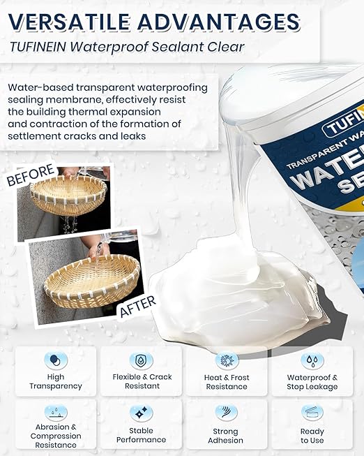 Transparent Waterproof Coating, TUFINEIN 35oz Invisible Waterproof Agent Indoor & Outdoor Sealant Water-Based Clear Sealant Roofs, Walls, Garden, Terraces