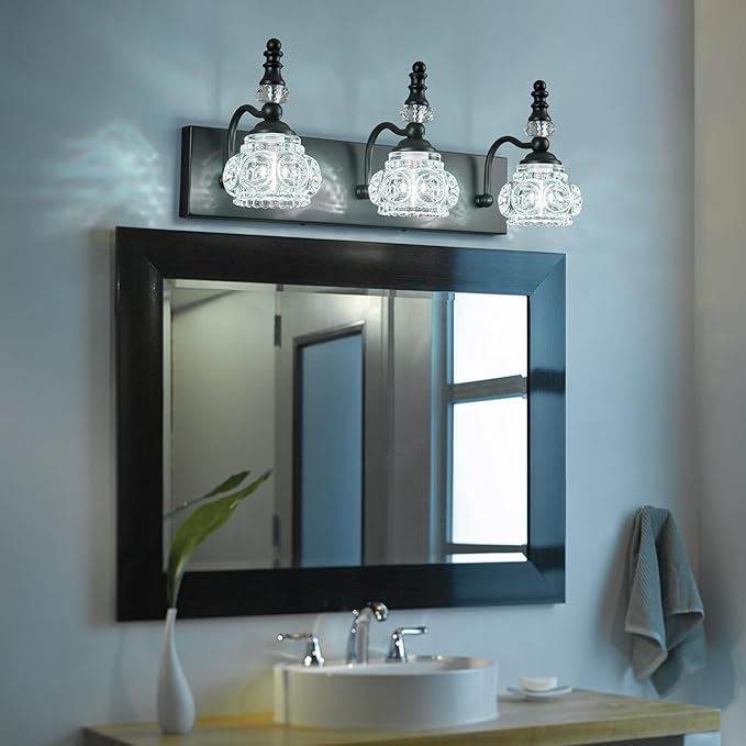 Modern Crystal Bathroom Vanity Light Black Vintage Bathroom Light Fixtures 3-Lights Glass Crystal Vanity Lights