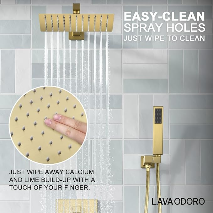 Lava Odoro Modern 2-Setting Square Shower System with Rain Shower Head and Handheld Spray Gold, Rainfall Shower Faucet Set Gold, Shower Valve and Trim Kit, Brushed Gold, SF103-SG