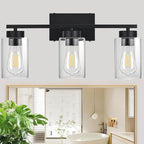 3-Light Bathroom Vanity Light, Modern Black Wall Lights with Clear Glass Shades, Bathroom Wall Sconce Lamp for Mirror Living Room Bedroom Hallway