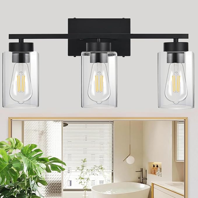 3-Light Bathroom Vanity Light, Modern Black Wall Lights with Clear Glass Shades, Bathroom Wall Sconce Lamp for Mirror Living Room Bedroom Hallway