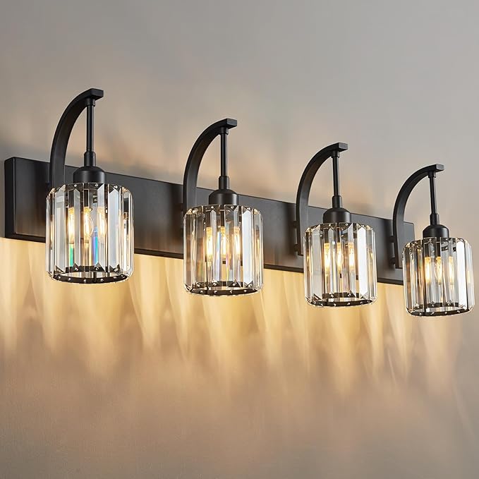 4-Light Crystal Vanity Light, Modern Black Bathroom Wall Sconce with K9 Crystal Shades, 32.67" Long Over Mirror Lighting for Vanity, Makeup, Hallway, Elegant & Easy Install
