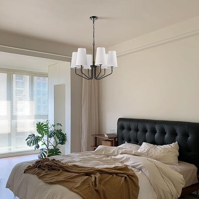 Modern Black Metal Chandelier with Linen Shade 6-Light E26 Adjustable Chandelier for Living Room, Dining Room, Bedroom, Kitchen Island