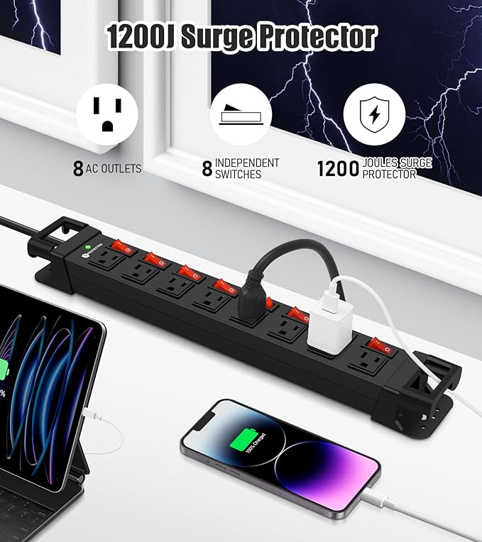 Heavy Duty Power Strip with Individual Switches,8 Outlets 14 Gauge Industrial Shop Garage Metal Multiple Outlets,1200J Surge Protector Mountable Power Strip,15FT Extension Cord Management (Black)