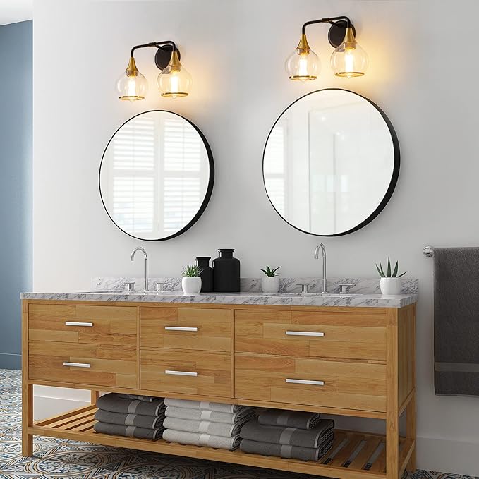 Black and Gold Bathroom Light Fixtures 2-Lights Vanity Lights with Clear Glass Shade Bathroom Vanity Light 14 Inch Wall Sconces(Exclude E26 Bulb)…