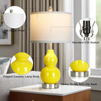 Double Gourd Ceramic Table Lamps Set of 2, Yellow Modern Bedside Lamps for Living Room, Contemporary Nightstand Desk Lamps for Bedroom End Table Home Office Decor(2 LED Bulbs Included)