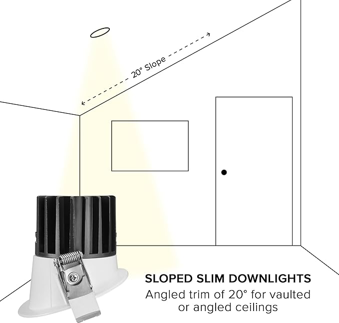 Maxxima 2" Canless Sloped Recessed Anti-Glare LED Downlight, For Sloped Ceilings, 600 Lumens, IC Rated, 5 Color Temperature Selectable 2700K/3000K/3500K/4000K/5000K, Dimmable, Round White Trim 90 CRI